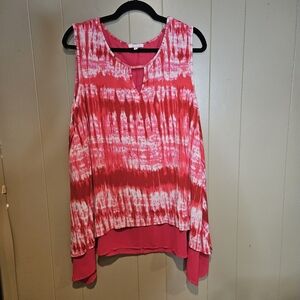 Red and White Asymmetrical Sleeveless Blouse
